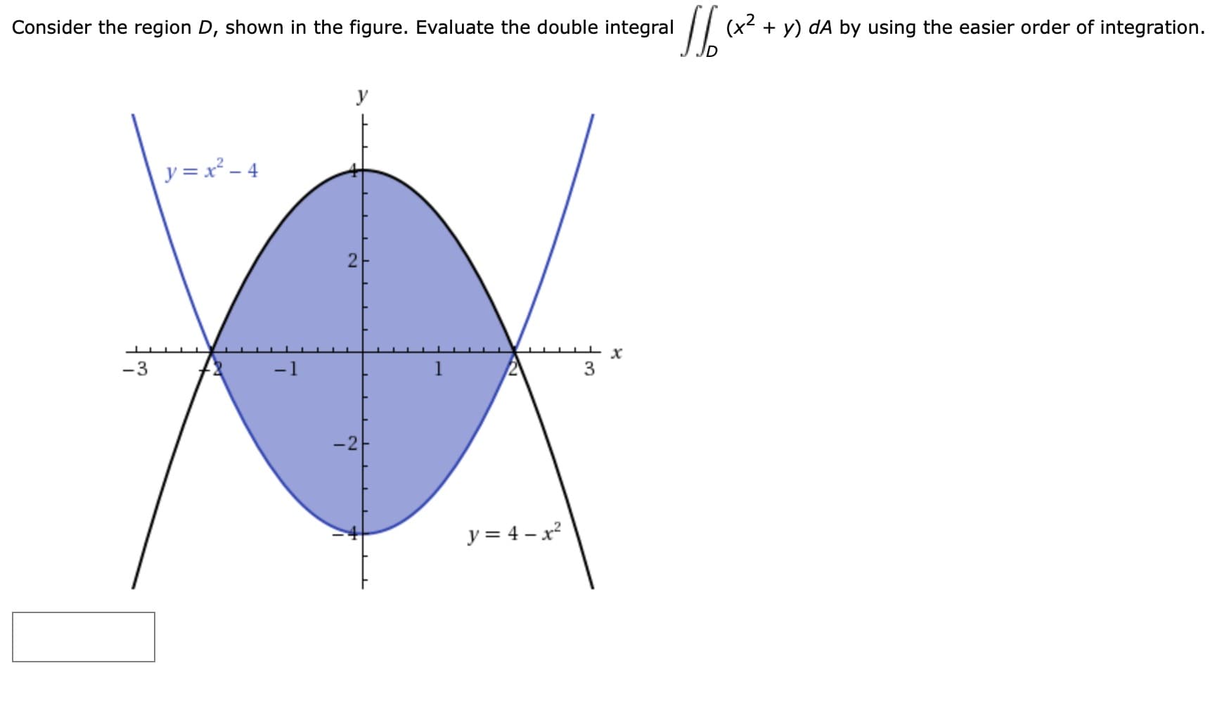 Consider the region D, shown in the figure. Evaluate the double integral | (x + y) dA by using the easier order of integration.
