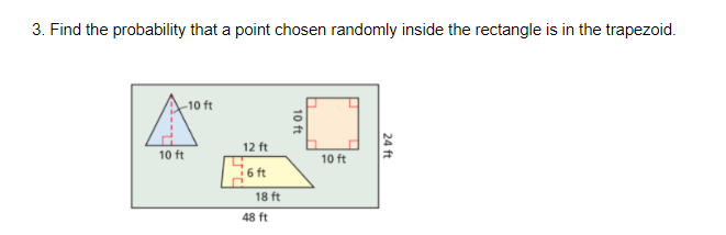3. Find the probability that a point chosen randomly inside the rectangle is in the trapezoid.
-10 ft
12 ft
10 ft
10 ft
6 ft
18 ft
48 ft
24 ft
10 ft
