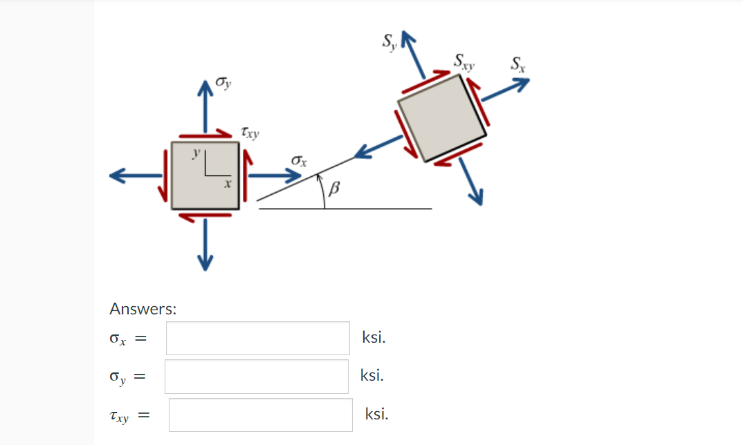 Answers:
0x =
9
Txy
=
=
Txy
Ox
S, I
ksi.
ksi.
ksi.
Sxy
Sx