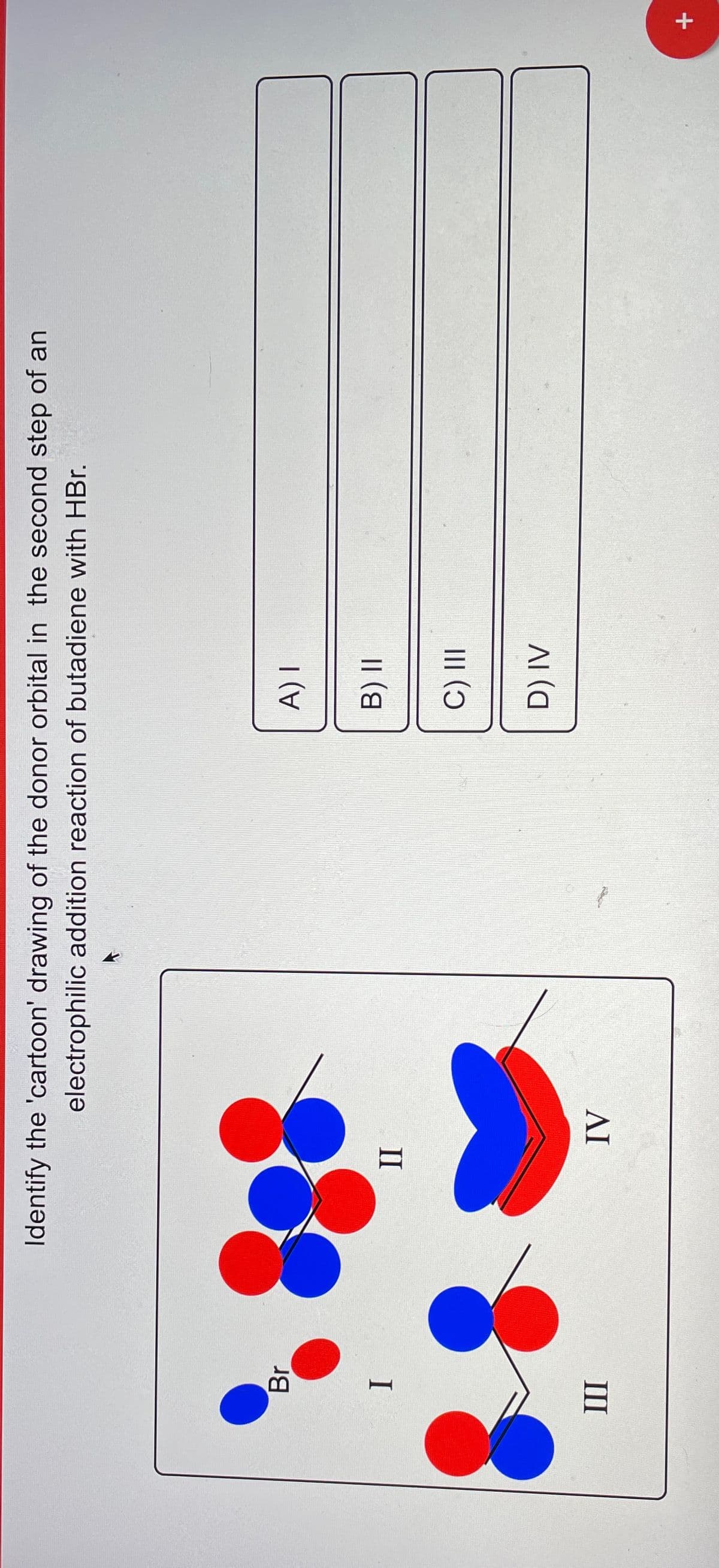 A)
AI
II
AI (a
III ()
II
I
Br
electrophilic addition reaction of butadiene with HBr.
Identify the 'cartoon' drawing of the donor orbital in the second step of an
