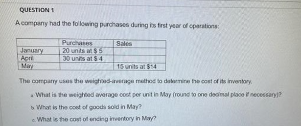 QUESTION 1
A company had the following purchases during its first year of operations:
Sales
Purchases
20 units at $5
January
April
30 units at $4
May
15 units at $14
The company uses the weighted-average method to determine the cost of its inventory.
a What is the weighted average cost per unit in May (round to one decimal place if necessary)?
What is the cost of goods sold in May?
c. What is the cost of ending inventory in May?