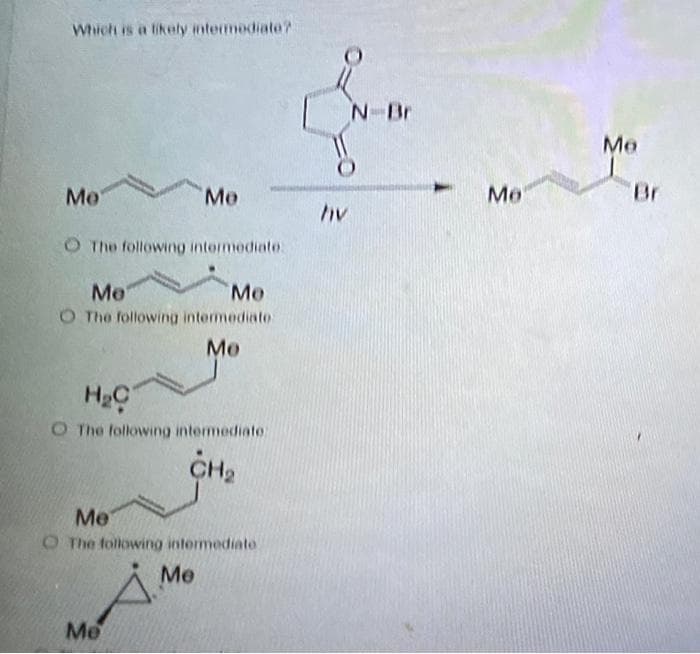 Which is a likely intermediate?
Me
The following intermediate
Me
Mo
O The following intermediate
Me
Me
H₂C
O The following intermediate
CH₂
Me
O The following intermediate
Me
A^
Me
hv
N -Br
Me
Me