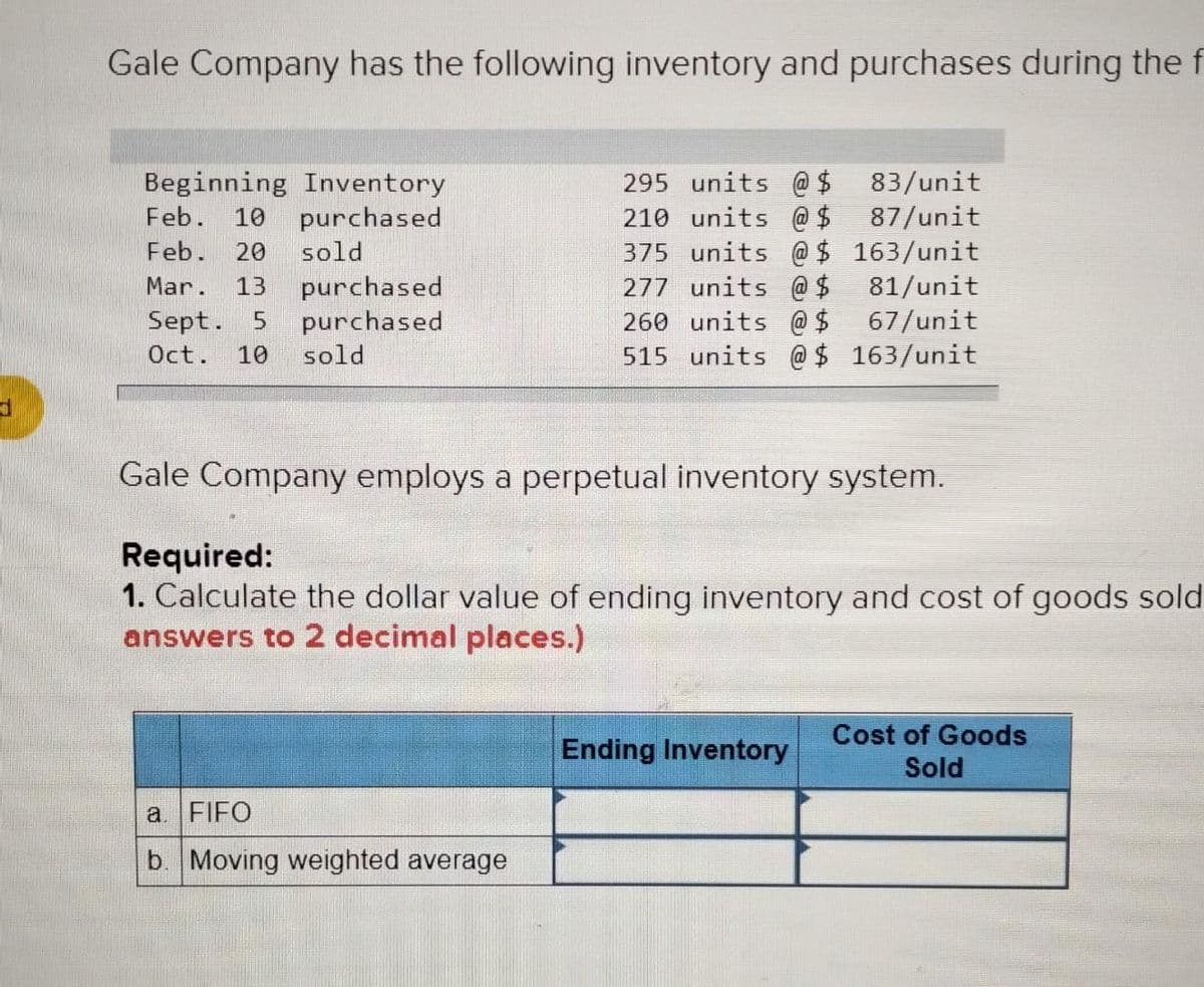 d
Gale Company has the following inventory and purchases during the f
Beginning Inventory
Feb. 10 purchased
Feb. 20 sold
83/unit
87/unit
295 units @ $
210 units @ $
375 units @ $
units @ $
163/unit
Mar. 13 purchased
81/unit
277
260 units @ $
Sept. 5
purchased
67/unit
Oct. 10 sold
515 units @ $ 163/unit
Gale Company employs a perpetual inventory system.
Required:
1. Calculate the dollar value of ending inventory and cost of goods sold
answers to 2 decimal places.)
Ending Inventory
Cost of Goods
Sold
a. FIFO
b. Moving weighted average