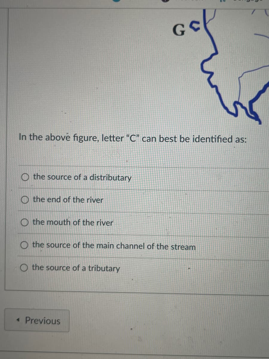 In the above figure, letter "C" can best be identified as:
O the source of a distributary
O the end of the river
O the mouth of the river
O the source of the main channel of the stream
O the source of a tributary
<< Previous