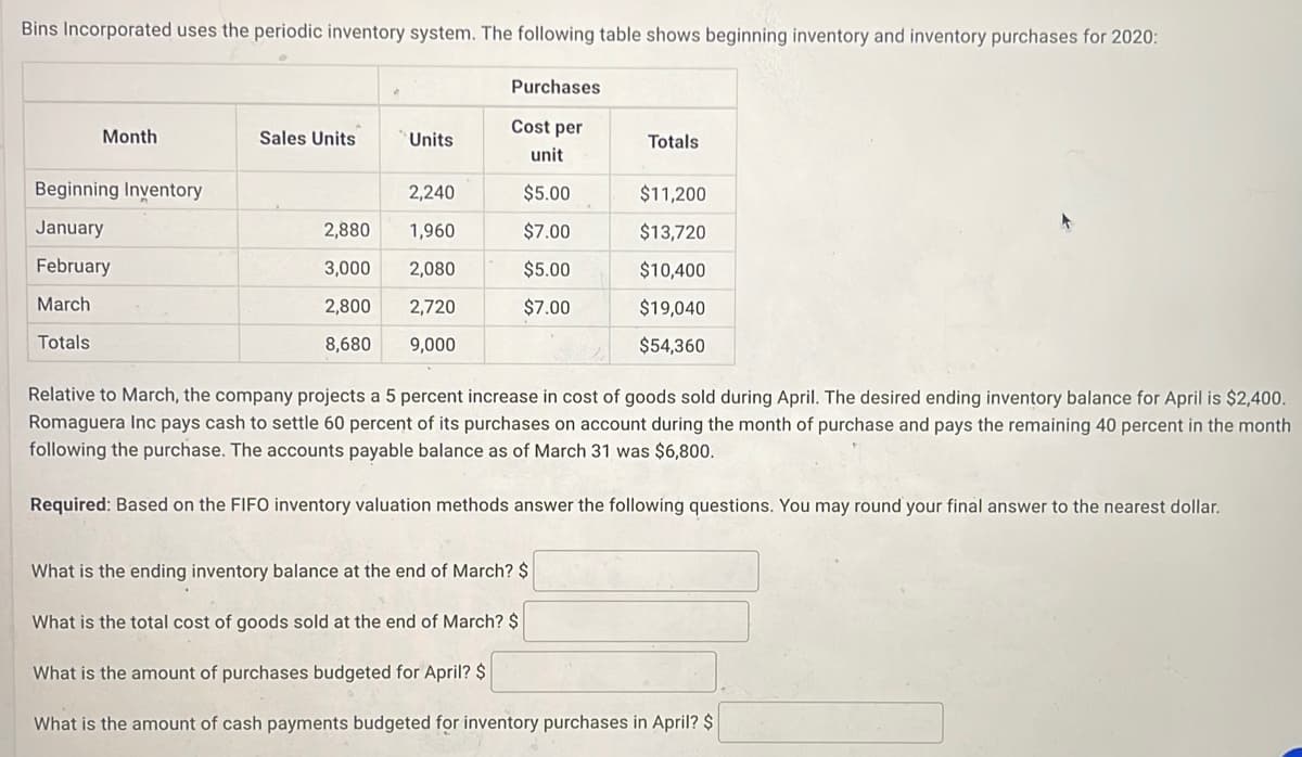 Bins Incorporated uses the periodic inventory system. The following table shows beginning inventory and inventory purchases for 2020:
Month
Beginning Inventory
January
February
March
Totals
Sales Units
Units
2,240
2,880
1,960
3,000
2,080
2,800 2,720
8,680
9,000
Purchases
Cost per
unit
$5.00
$7.00
$5.00
$7.00
Totals
$11,200
$13,720
$10,400
$19,040
$54,360
Relative to March, the company projects a 5 percent increase in cost of goods sold during April. The desired ending inventory balance for April is $2,400.
Romaguera Inc pays cash to settle 60 percent of its purchases on account during the month of purchase and pays the remaining 40 percent in the month
following the purchase. The accounts payable balance as of March 31 was $6,800.
Required: Based on the FIFO inventory valuation methods answer the following questions. You may round your final answer to the nearest dollar.
What is the ending inventory balance at the end of March? $
What is the total cost of goods sold at the end of March? $
What is the amount of purchases budgeted for April? $
What is the amount of cash payments budgeted for inventory purchases in April? $
