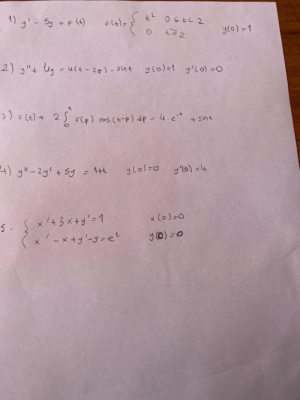 1) y'- Sy >f(4)
t? ostL 2
flel=
ylo) =1
2) y"t Uy = ule - 27). sint
y(0)=1 y'Co) =O
3)F(t) + 25
flp) cos (E-p) dp =4.e* + sint
%3D
+ Sint
4) yl-2y'+ Sy
= 1tt
y'lo) =4
x'+3x+y'=1
x (0)=0
<x-x+y'-y=eし
y(0) =0
