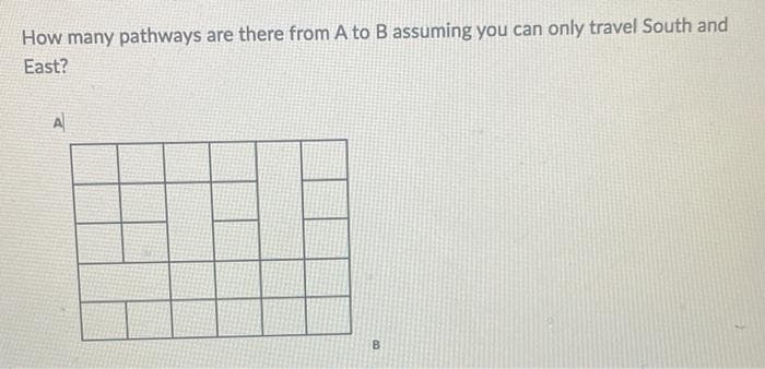 How many pathways are there from A to B assuming you can only travel South and
East?
A
B