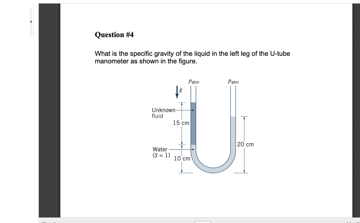 Question #4
What is the specific gravity of the liquid in the left leg of the U-tube
manometer as shown in the figure.
Patm
Patm
Unknown
fluid
15 cm
20 сm
Water
(S = 1)
%3D
10'cm
