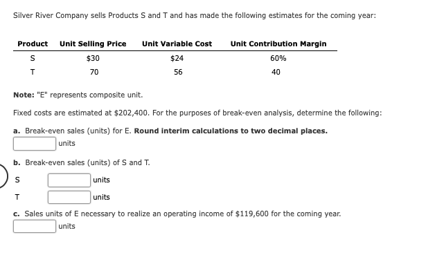 Silver River Company sells Products S and T and has made the following estimates for the coming year:
Product
Unit Selling Price
Unit Variable Cost
Unit Contribution Margin
S
$30
$24
60%
70
56
40
Note: "E" represents composite unit.
Fixed costs are estimated at $202,400. For the purposes of break-even analysis, determine the following:
a. Break-even sales (units) for E. Round interim calculations to two decimal places.
units
b. Break-even sales (units) of S and T.
units
units
c. Sales units of E necessary to realize an operating income of $119,600 for the coming year.
units
