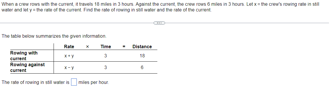 When a crew rows with the current, it travels 18 miles in 3 hours. Against the current, the crew rows 6 miles in 3 hours. Let x = the crew's rowing rate in still
water and let y = the rate of the current. Find the rate of rowing in still water and the rate of the current.
The table below summarizes the given information.
Rowing with
current
Rowing against
current
Rate
x+y
Xx-y
The rate of rowing in still water is
X
Time
3
3
miles per hour.
Distance
18
6