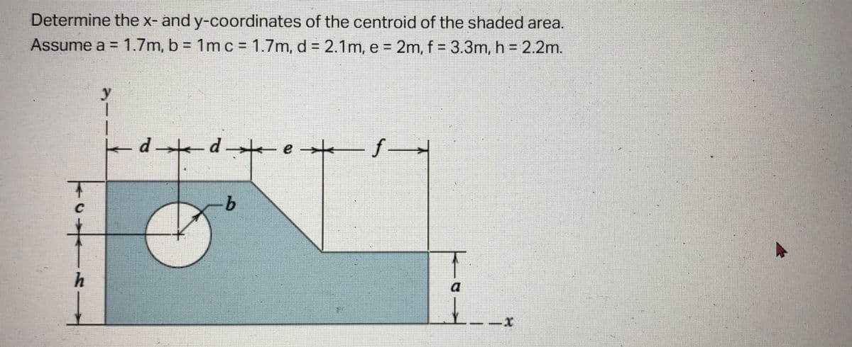 Determine the x- and y-coordinates of the centroid of the shaded area.
Assume a = 1.7m, b = 1m c = 1.7m, d = 2.1m, e = 2m, f = 3.3m, h = 2.2m.
y
d—d
e →
f-
C
h
b
a