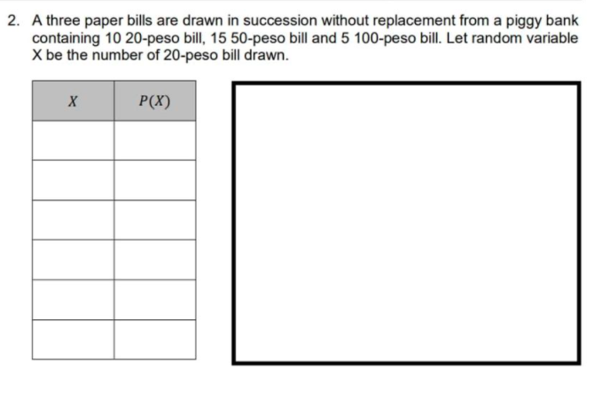 2. A three paper bills are drawn in succession without replacement from a piggy bank
containing 10 20-peso bill, 15 50-peso bill and 5 100-peso bill. Let random variable
X be the number of 20-peso bill drawn.
X
P(X)
