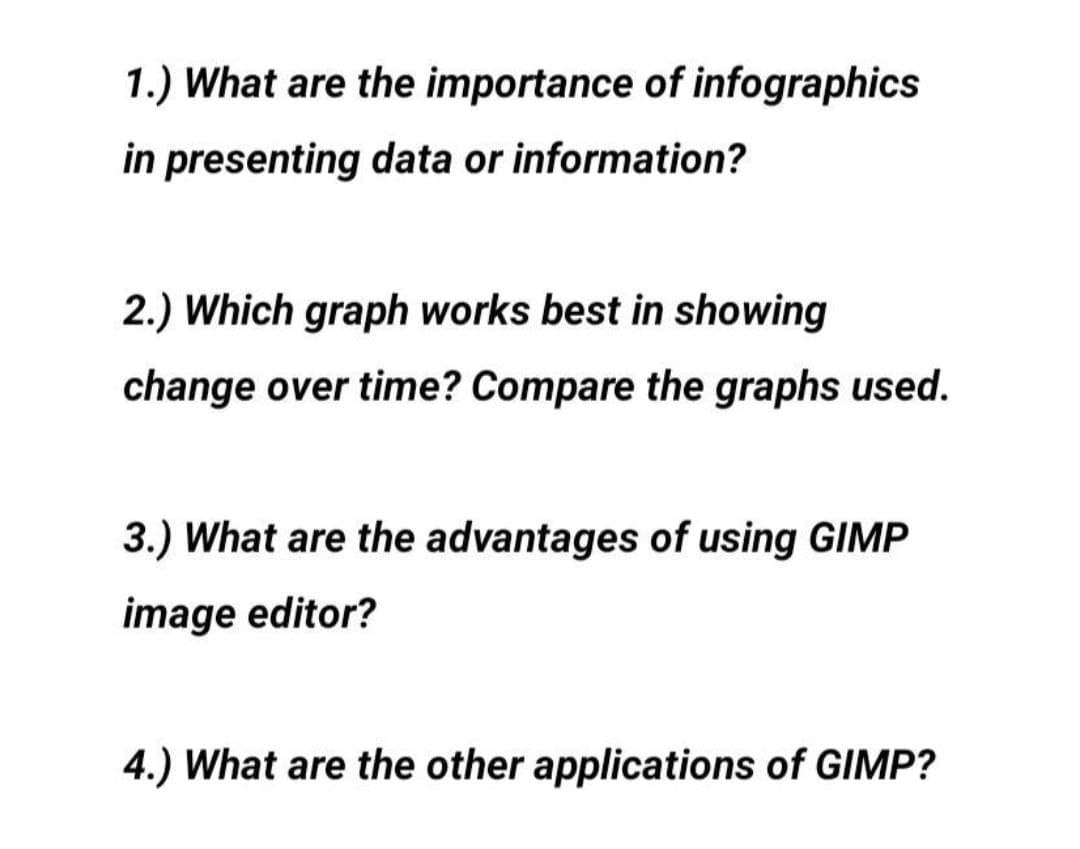 1.) What are the importance of infographics
in presenting data or information?
2.) Which graph works best in showing
change over time? Compare the graphs used.
3.) What are the advantages of using GIMP
image editor?
4.) What are the other applications of GIMP?
