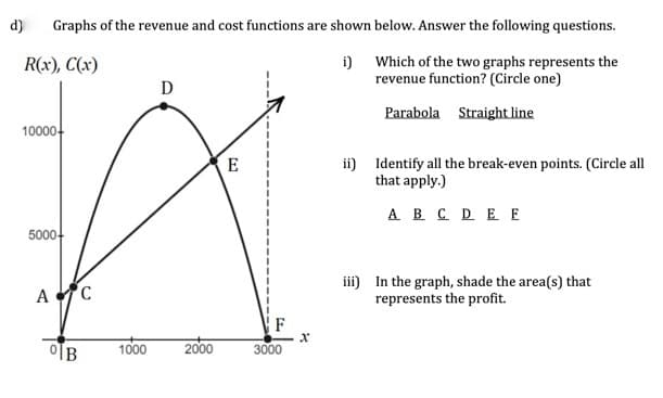 d)
Graphs of the revenue and cost functions are shown below. Answer the following questions.
R(x), C(x)
Which of the two graphs represents the
i)
revenue function? (Circle one)
D
Parabola Straight line
10000-
ii) Identify all the break-even points. (Circle all
that apply.)
E
A B C DE E
5000+
iii) In the graph, shade the area(s) that
represents the profit.
A
F
이B
3000
1000
2000
