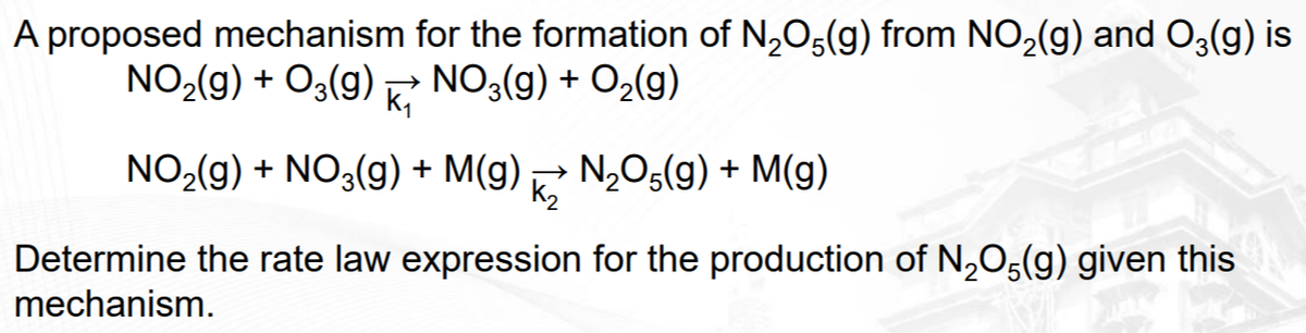 A proposed mechanism for the formation of N₂O5(g) from NO₂(g) and O3(g) is
NO₂(g) + O3(9) ✩ NO3(g) + O₂(g)
NO₂(g) + NO3(g) + M(9)
K₂
N₂O5(9) + M(9)
Determine the rate law expression for the production of N₂O5(g) given this
mechanism.