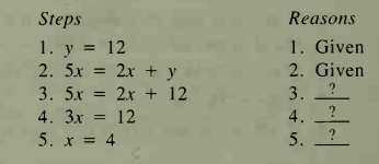 Steps
Reasons
1. y = 12
2. 5x = 2x + y
3. 5x
1. Given
2. Given
3. _?
4.
2x + 12
4. Зx
12
5. x = 4
5.
?
