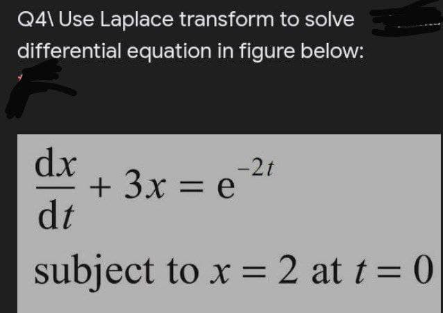 Q4\ Use Laplace transform to solve
differential equation in figure below:
dx
+ 3x = e
dt
-2t
subject to x = 2 at t = 0
