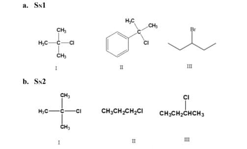 а. Sv1
H,C
CH
CH,
Br
H,C-C-CI
CI
II
III
b. SN2
CH,
H,C
CI
CH;CH,CH2CI
CH;CH2CHCH3
ČH;
II
III
