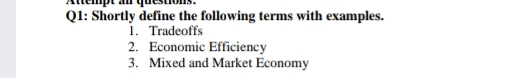 Ql: Shortly define the following terms with examples.
1. Tradeoffs
2. Economic Efficiency
3. Mixed and Market Economy
