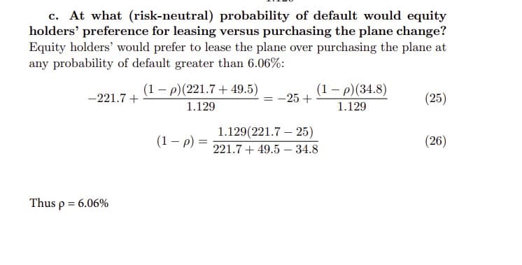 c. At what (risk-neutral) probability of default would equity
holders' preference for leasing versus purchasing the plane change?
Equity holders' would prefer to lease the plane over purchasing the plane at
any probability of default greater than 6.06%:
(1 - p)(221.7 + 49.5)
(1 – p)(34.8)
-221.7 +
= -25 +
(25)
1.129
1.129
1.129(221.7 – 25)
(1 – p) =
(26)
221.7 + 49.5 – 34.8
Thus p = 6.06%
