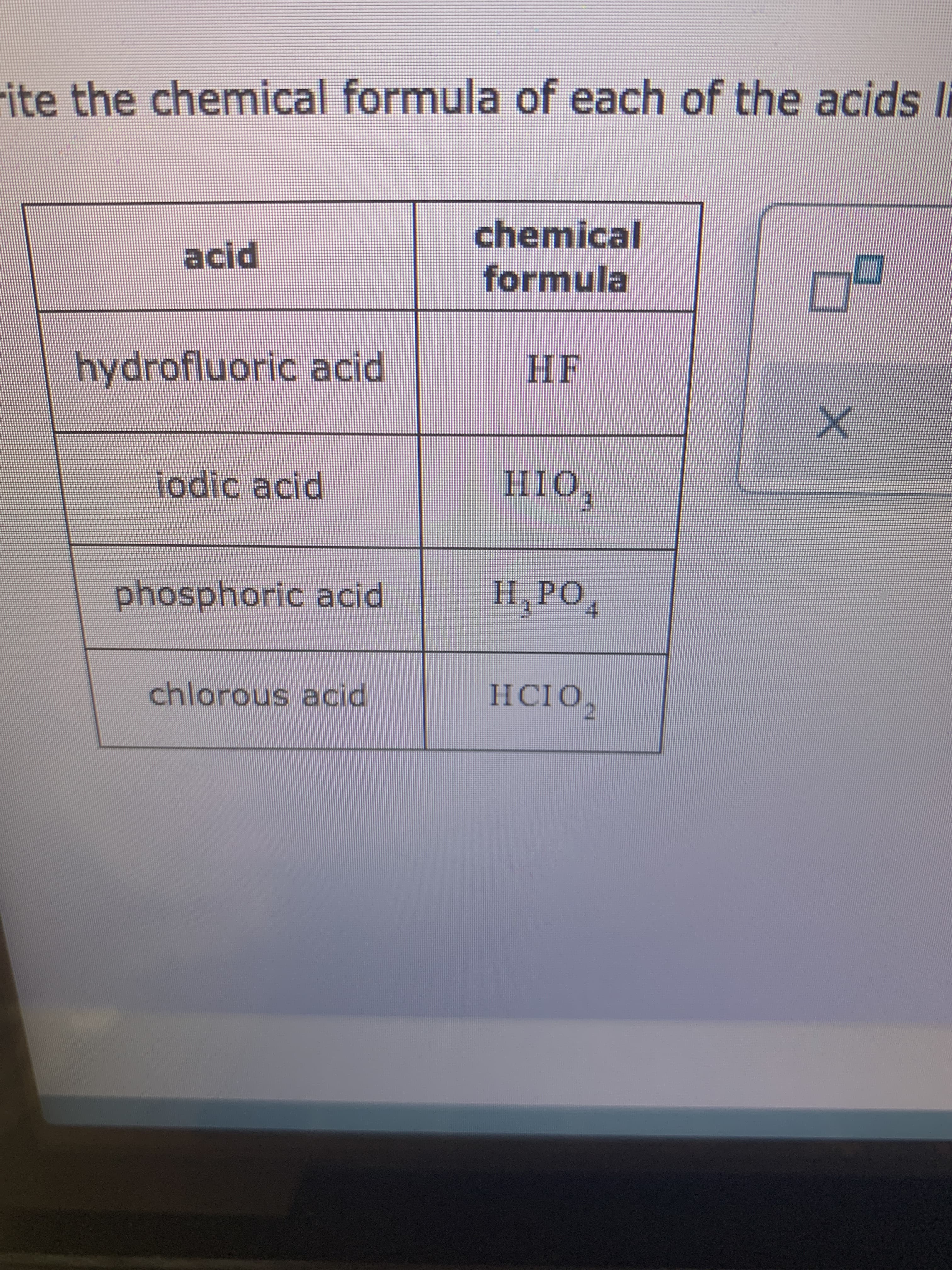 chemical formula of each of the acids
