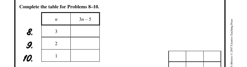 Complete the table for Problems 8–10.
Зп — 5
8.
3
9.
2
1
10.
h Minutes 2007 Creative Teaching Press
