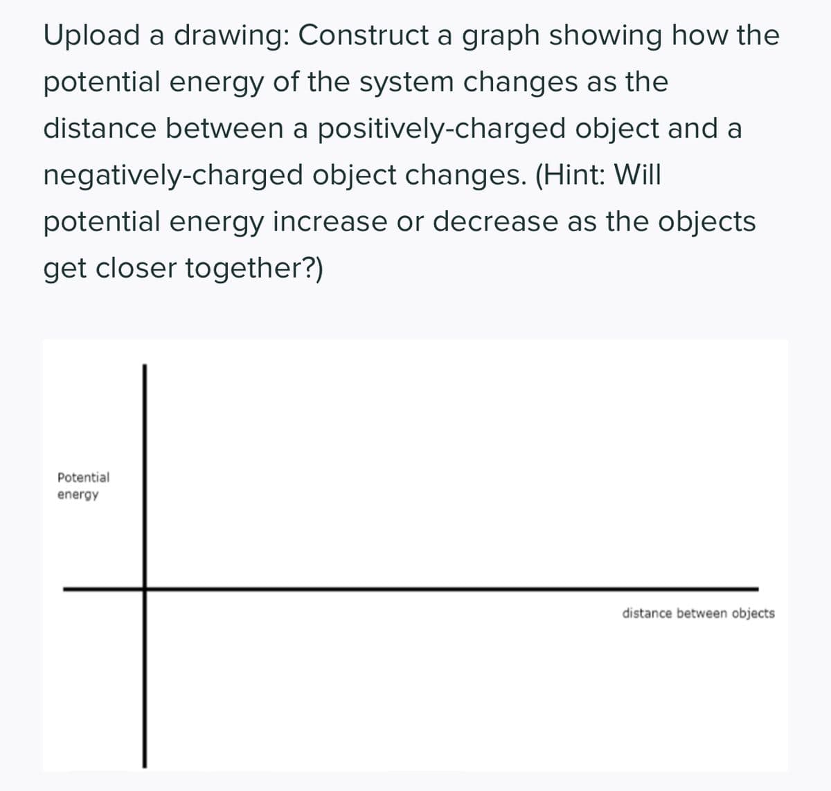 Upload a drawing: Construct a graph showing how the
potential energy of the system changes as the
distance between a positively-charged object and a
negatively-charged object changes. (Hint: Will
potential energy increase or decrease as the objects
get closer together?)
Potential
energy
distance between objects