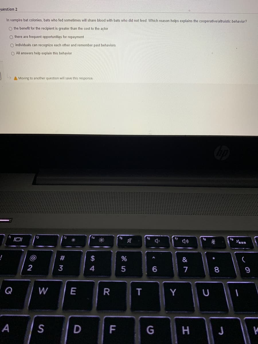 uestion 2
In vampire bat colonies, bats who fed sometimes will share blood with bats who did not feed. Which reason helps explains the cooperative/altruistic behavior?
O the benefit for the recipient is greater than the cost to the actor
there are frequent opportunities for repayment
O individuals can recognize each other and remember past behaviors
O All answers help explain this behavior
A Moving to another question will save this response.
fs
对
f7
f8
f9
二
@
23
24
2
3
4
5
7
8.
9
W
T
Y
U
A
S
D
F
H

