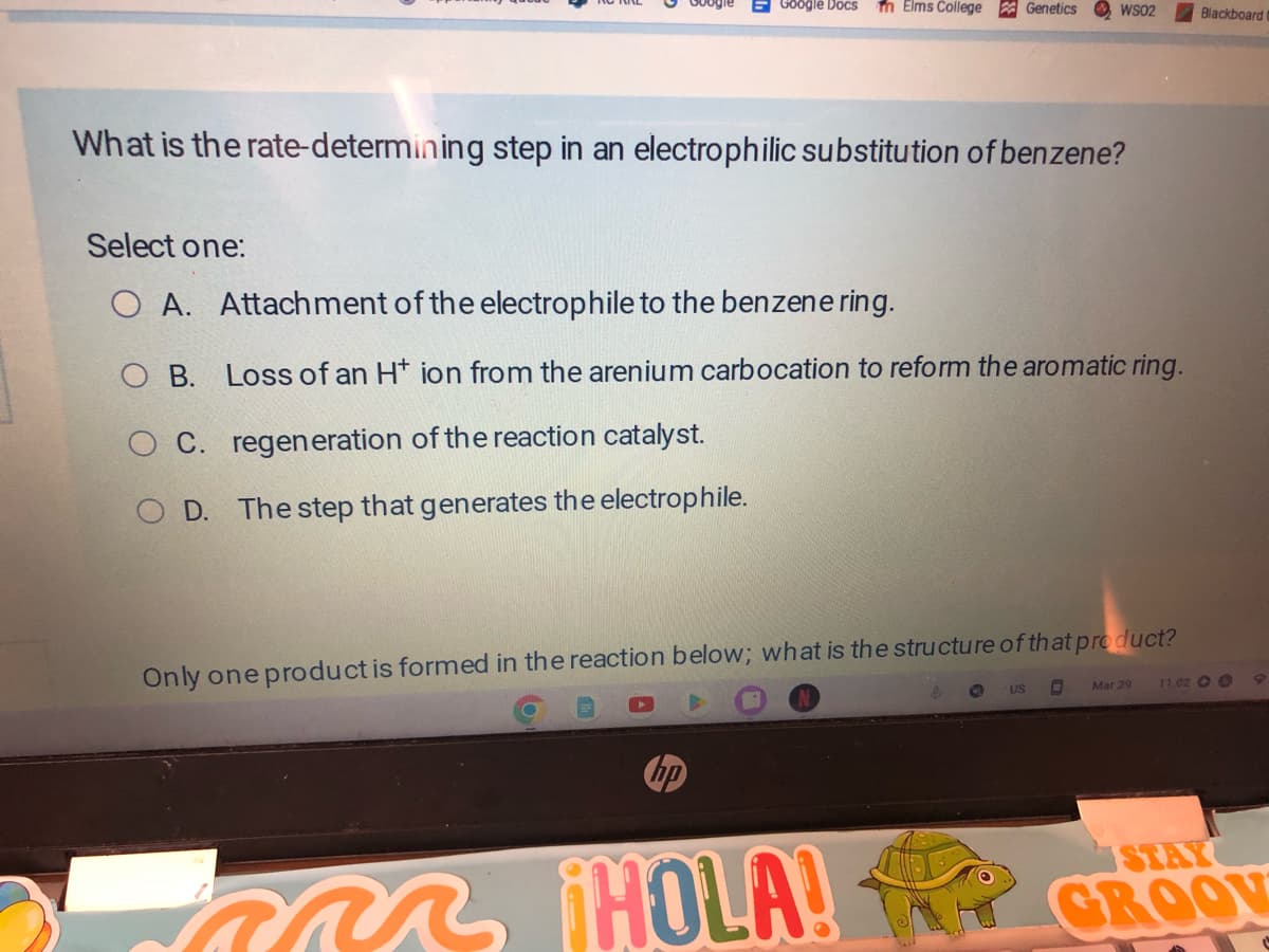 Google Docs m Elms College Genetics
What is the rate-determining step in an electrophilic substitution of benzene?
Select one:
O A. Attachment of the electrophile to the benzene ring.
O B.
Loss of an H* ion from the arenium carbocation to reform the aromatic ring.
C. regeneration of the reaction catalyst.
O D. The step that generates the electrophile.
WS02
Only one product is formed in the reaction below; what is the structure of that product?
ar ¡HOLA!
US
O
Mar 29
Blackboard t
11.02 O O
P
STAY
GROOV