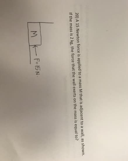 20) A 15 Newton force is applied to a mass M that is adjacent to a wall, as shown.
If the mass is 2 kg, the force that the wall exerts on the mass is equal to?
MKF-15N.