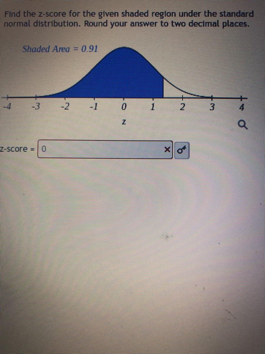 Find the z-score for the given shaded region under the standard
normal distribution. Round your answer to two decimal places.
Shaded Area = 0.91
✔
z-score =
0
-2 -1
0
N
1
2 3
4
Q