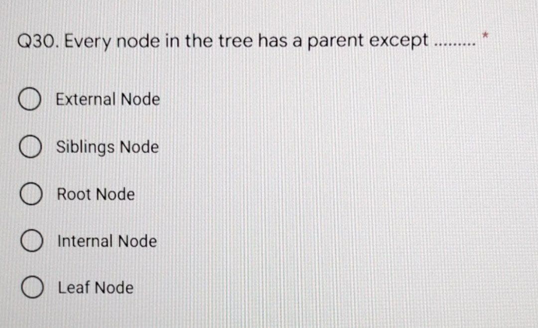 Q30. Every node in the tree has a parent except..
.........
External Node
Siblings Node
Root Node
Internal Node
Leaf Node
