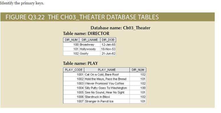 Identify the primary keys.
FIGURE Q3.22 THE CH03_THEATER DATABASE TABLES
Database name: Ch03 Theater
Table name: DIRECTOR
DIR NUM DIR LNAME DIR DOB
100 Broadway
| 12-Jan-65
101 Hollywoody 18-Nov-53
21-Jun-62
102 Gooty
Table name: PLAY
PLAY CODE
1001 Cat On a Cold, Bare Roof
PLAY NAME
DIR NUM
102
1002 Hold the Mayo, Pass the Bread
1003 I Never Promised You Coffee
1004 Say Putty Goes To Washington
1005 See No Sound, Hear No Sight
101
102
100
101
1006 Starstruck in Biloxi
102
1007 Stranger in Parrot ice
101
