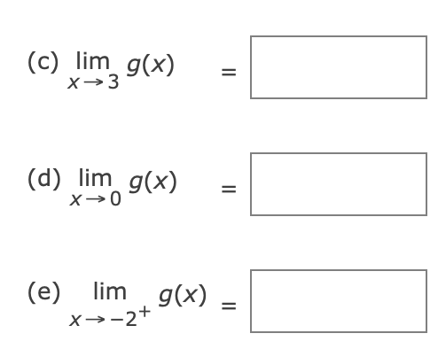 (c) lim_ g(x)
x →3
(d) lim g(x)
X→0
(e) lim g(x)
X→-2+
=
=
=
