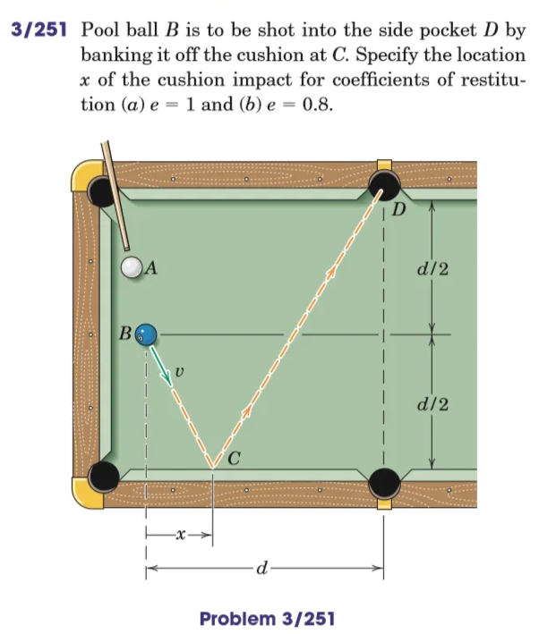 3/251 Pool ball B is to be shot into the side pocket D by
banking it off the cushion at C. Specify the location
x of the cushion impact for coefficients of restitu-
tion (a) e = 1 and (b) e = 0.8.
d/2
d/2
-x→
d-
Problem 3/251
