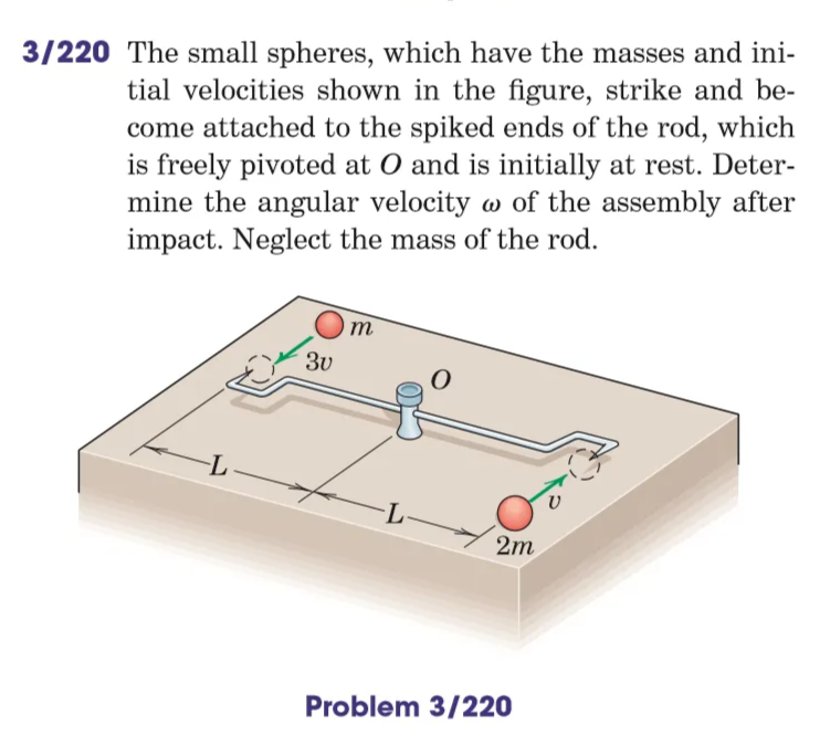 3/220 The small spheres, which have the masses and ini-
tial velocities shown in the figure, strike and be-
come attached to the spiked ends of the rod, which
is freely pivoted at O and is initially at rest. Deter-
mine the angular velocity w of the assembly after
impact. Neglect the mass of the rod.
m
3v
-L
2m
-L-
Problem 3/220
