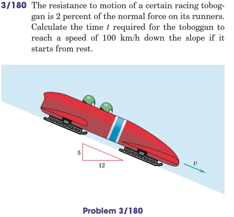 3/180 The resistance to motion of a certain racing tobog-
gan is 2 percent of the normal force on its runners.
Calculate the time t required for the toboggan to
reach a speed of 100 km/h down the slope if it
starts from rest.
5
12
Problem 3/180
