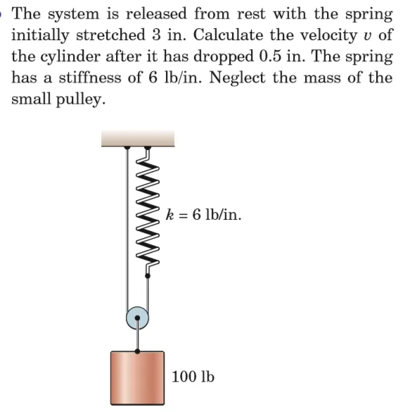 The system is released from rest with the spring
initially stretched 3 in. Calculate the velocity v of
the cylinder after it has dropped 0.5 in. The spring
has a stiffness of 6 lb/in. Neglect the mass of the
small pulley.
k = 6 lb/in.
100 lb