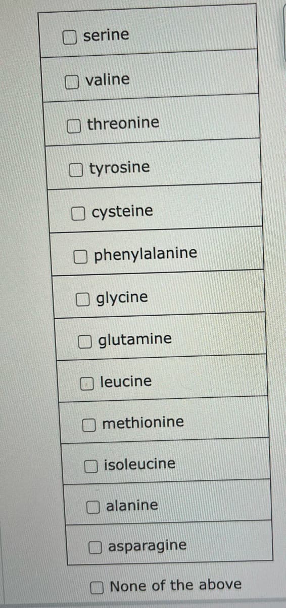 serine
valine
threonine
tyrosine
O cysteine
phenylalanine
glycine
Oglutamine
leucine
methionine
isoleucine
alanine
asparagine
None of the above