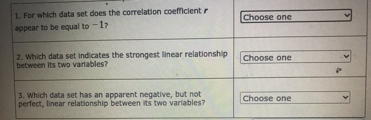 1. For which data set does the correlation coefficientr
Choose one
appear to be equal to -1?
2. Which data set indicates the strongest linear relationship
between its two variables?
Choose one
3. Which data set has an apparent negative, but not
perfect, linear relationship between its two variables?
Choose one
