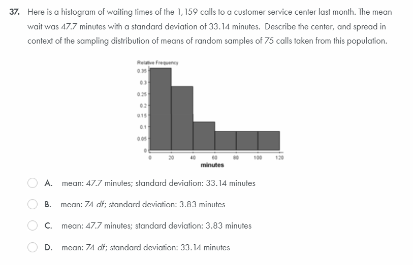 37. Here is a histogram of waiting times of the 1,159 calls to a customer service center last month. The mean
wait was 47.7 minutes with a standard deviation of 33.14 minutes. Describe the center, and spread in
context of the sampling distribution of means of random samples of 75 calls taken from this population.
Relatve Frequency
0.35
03
025
02
015
01
0 05
100
120
minutes
A. mean: 47.7 minutes; standard deviation: 33.14 minutes
В.
mean: 74 df; standard deviation: 3.83 minutes
C.
mean: 47.7 minutes; standard deviation: 3.83 minutes
D.
mean: 74 df; standard deviation: 33.14 minutes
