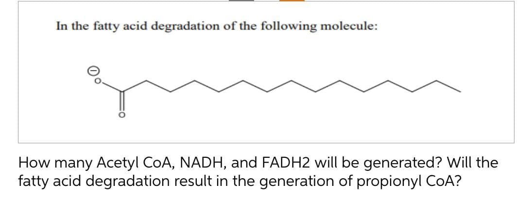 In the fatty acid degradation of the following molecule:
How many Acetyl CoA, NADH, and FADH2 will be generated? Will the
fatty acid degradation result in the generation of propionyl CoA?
