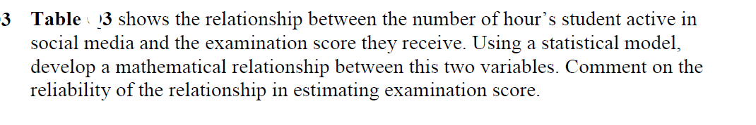 3 Table 3 shows the relationship between the number of hour's student active in
social media and the examination score they receive. Using a statistical model,
develop a mathematical relationship between this two variables. Comment on the
reliability of the relationship in estimating examination score.
