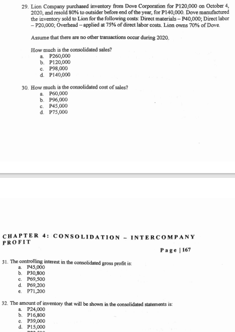 29. Lion Company purchased inventory from Dove Corporation for P120,000 on October 4,
2020, and resold 80% to outsider before end of the year, for P140,000. Dove manufactured
the inventory sold to Lion for the following costs: Direct materials - P40,000; Direct labor
- P20,000; Overhead - applied at 75% of direct labor costs. Lion owns 70% of Dove.
Assume that there are no other transactions occur during 2020.
How much is the consolidated sales?
a. P260,000
c. P98,000
d. P140,000
30. How much is the consolidated cost of sales?
a. P60,000
b. P96,000
c. P45,000
d. P75,000
CHAPTER 4: CONSOLIDATION - INTERCOMPANY
PROFIT
Page | 167
31. The controlling interest in the consolidated gross profit is:
a. P45,000
b. Р30,800
c. P69,500
d. P69,200
e. P71,200
32. The amount of inventory that will be shown in the consolidated statements is:
а. Р24,000
b. P16,800
с. Р39,000
d. P15,000
