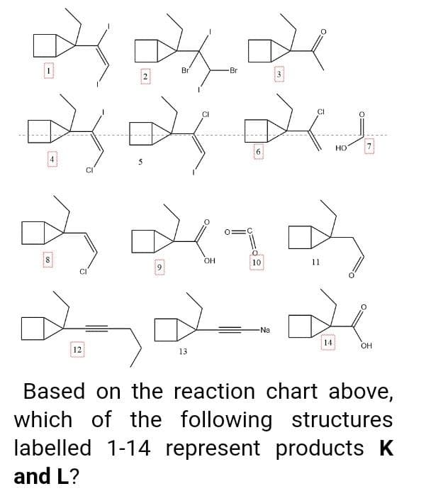 Br
Br
CI
но
6.
4
OH
10
11
9
-Na
14
OH
12
13
Based on the reaction chart above,
which of the following structures
labelled 1-14 represent products K
and L?
