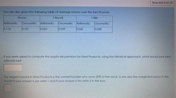 Tirme left 0:41:59
You are also given the following table of average returns over the last 50 years:
Stocks
T-Bonds
T-Bills
Arithmetic
Geometric
Arithmetic
Geometric Arithmetic
Geometric
0.116
0.107
0.062
0.059
0.041
0.038
If
you were asked to compute the equity risk premium for Steel Products, using the historical approach, what would your best
estimate be?
The largest investor in Steel Products is the owner/founder who owns 20% of the stock. Is she also the marginal investor in this
stock? If your answer is yes write I and if your answer is No write 2 in the box.
