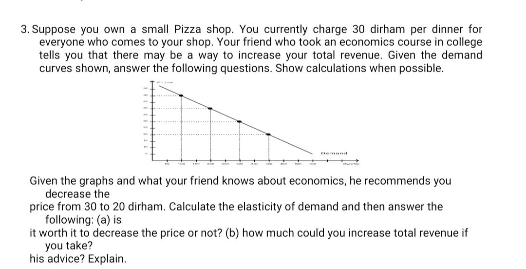 3. Suppose you own a small Pizza shop. You currently charge 30 dirham per dinner for
everyone who comes to your shop. Your friend who took an economics course in college
tells you that there may be a way to increase your total revenue. Given the demand
curves shown, answer the following questions. Show calculations when possible.
++
+
20
P
+
P
excantity
Given the graphs and what your friend knows about economics, he recommends you
decrease the
price from 30 to 20 dirham. Calculate the elasticity of demand and then answer the
following: (a) is
it worth it to decrease the price or not? (b) how much could you increase total revenue if
you take?
his advice? Explain.