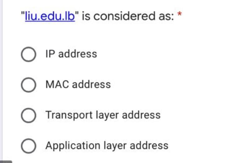 "liu.edu.lb" is considered as:
IP address
MAC address
Transport layer address
Application layer address
