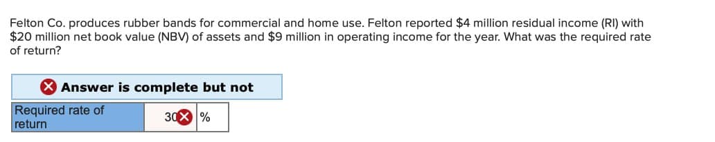 Felton Co. produces rubber bands for commercial and home use. Felton reported $4 million residual income (RI) with
$20 million net book value (NBV) of assets and $9 million in operating income for the year. What was the required rate
of return?
Answer is complete but not
Required rate of
return
30%