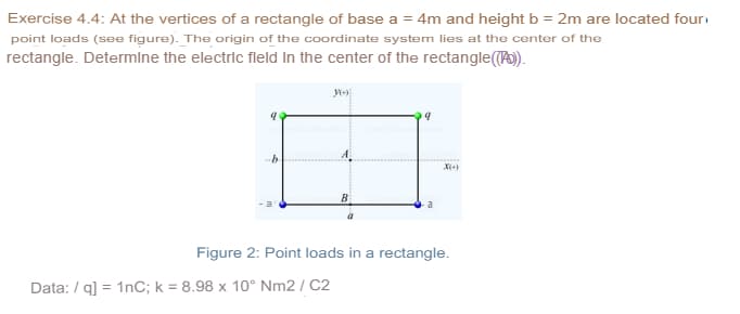 Exercise 4.4: At the vertices of a rectangle of base a = 4m and height b = 2m are located four,
point loads (see figure). The origin of the coordinate system lies at the center of the
rectangle. Determine the electric fleld In the center of the rectangle(Po).
X(+)
Figure 2: Point loads in a rectangle.
Data: / q] = 1nC; k = 8.98 x 10° Nm2 / C2
